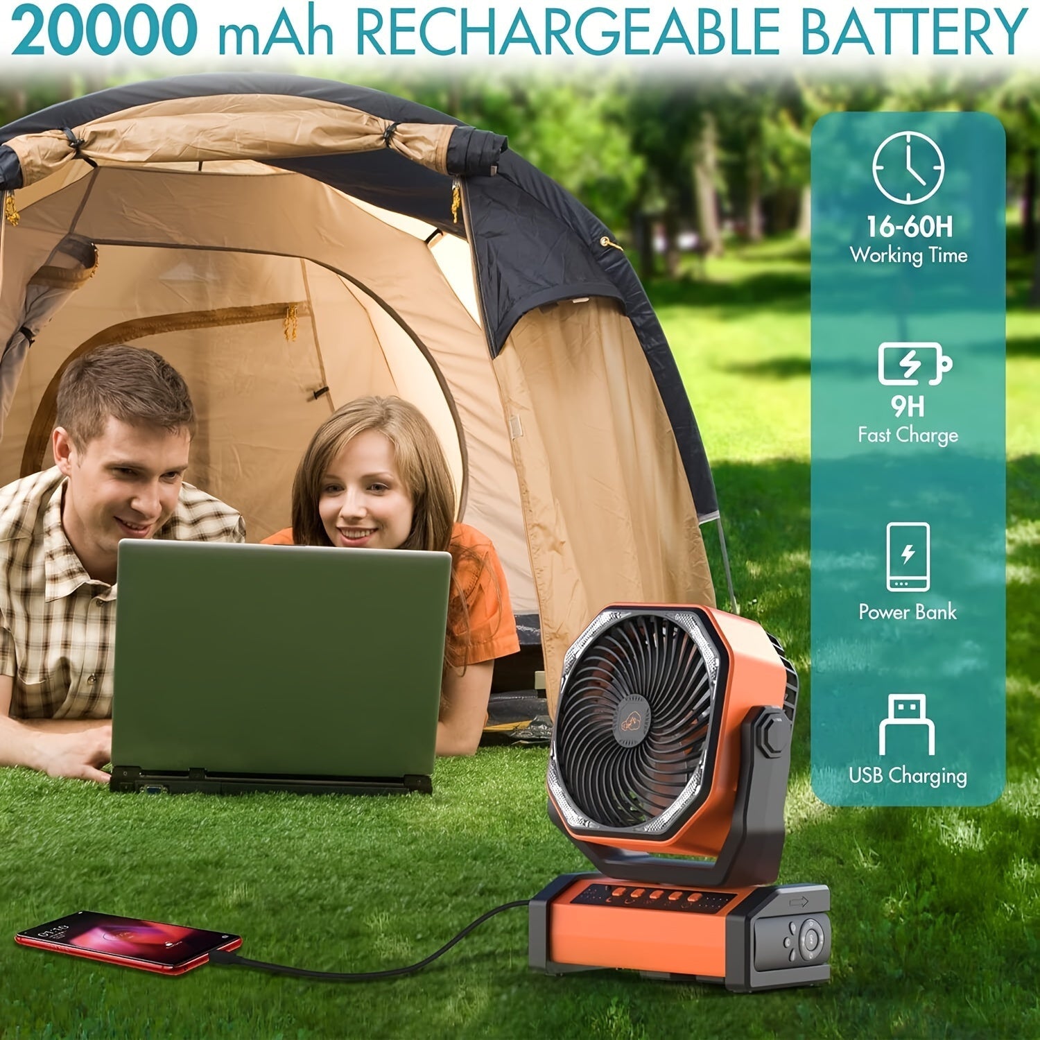 Camping Fan with LED Lantern & Hook (20000mAh)