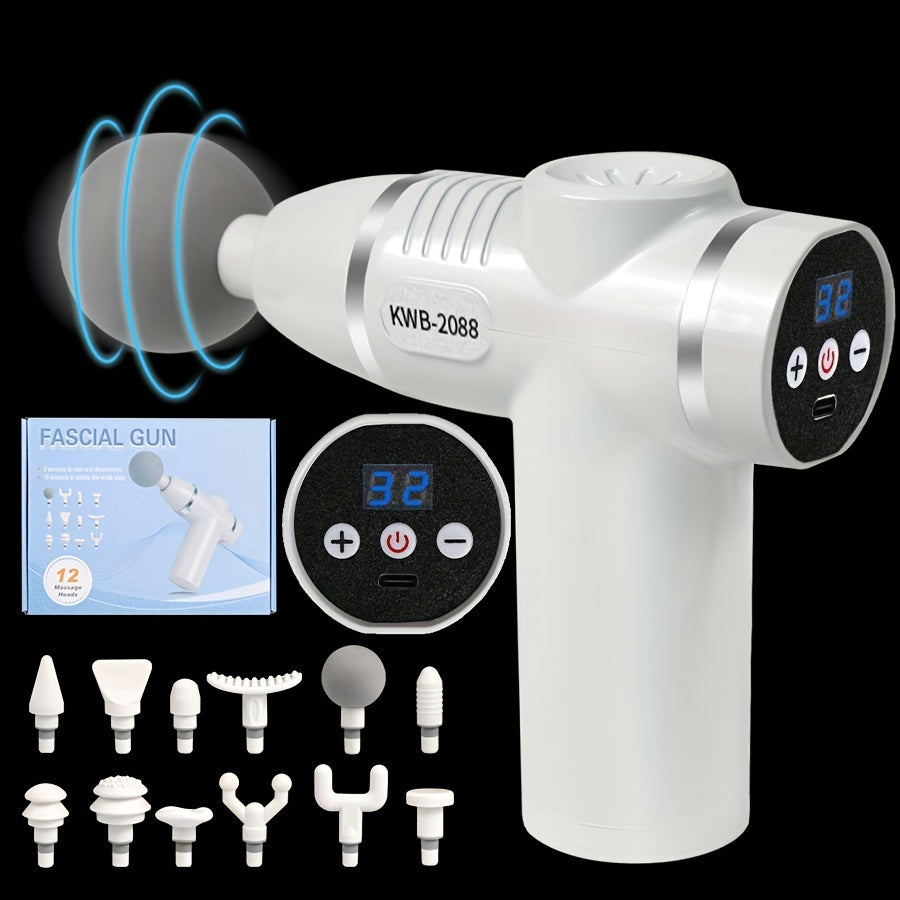 Portable Handheld 8-Speed Massage Gun With 12 Replaceable Heads(White)