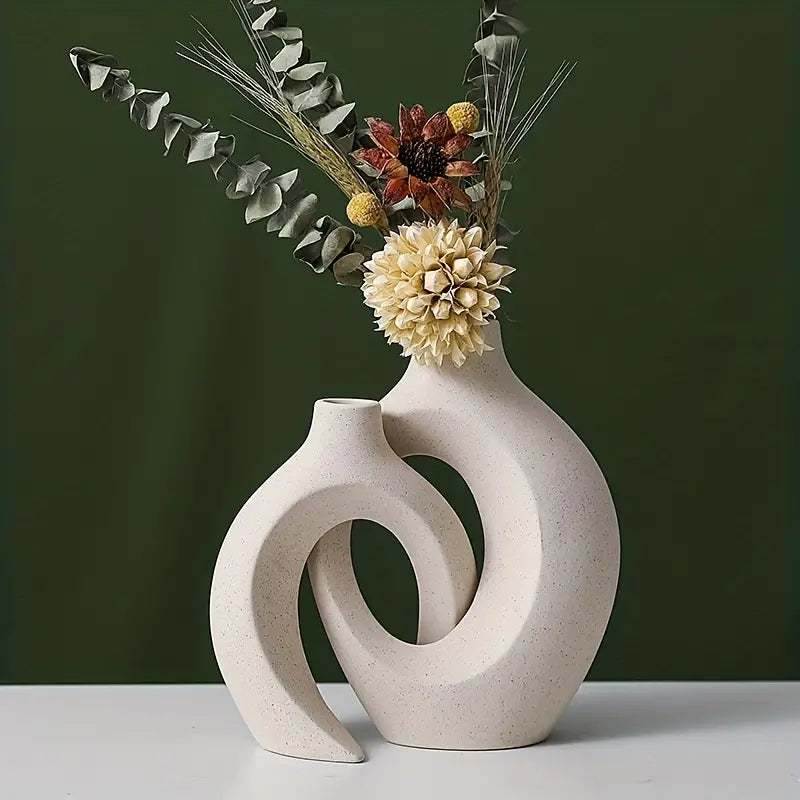 Set of 2 White Ceramic Vases - Modern Boho Decor