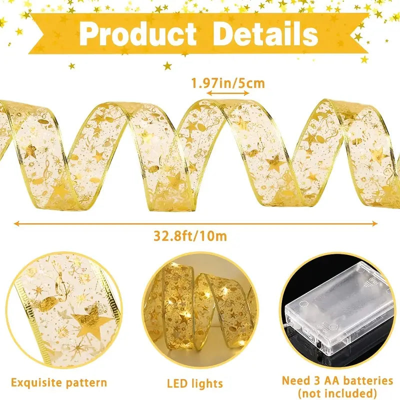 Christmas Ribbon Fairy Lights - Golden Garland