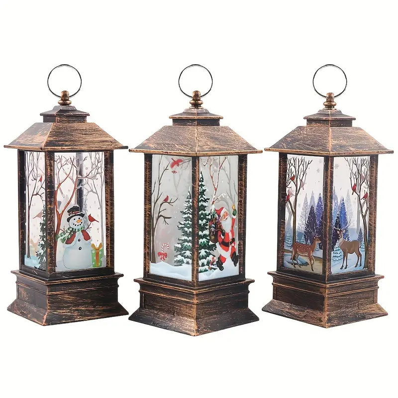 Set of 3 Christmas Lantern Lights - Santa Claus, Snowman, Reindeer Decorations