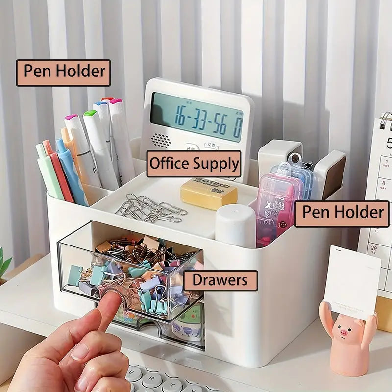 White Pen Organizer with 2 Drawers - Multi-Functional Desk and Office Supplies Holder- White