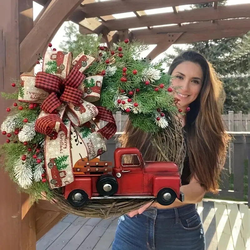 Charming Vintage Red Truck Christmas Wreath - Festive House Décor