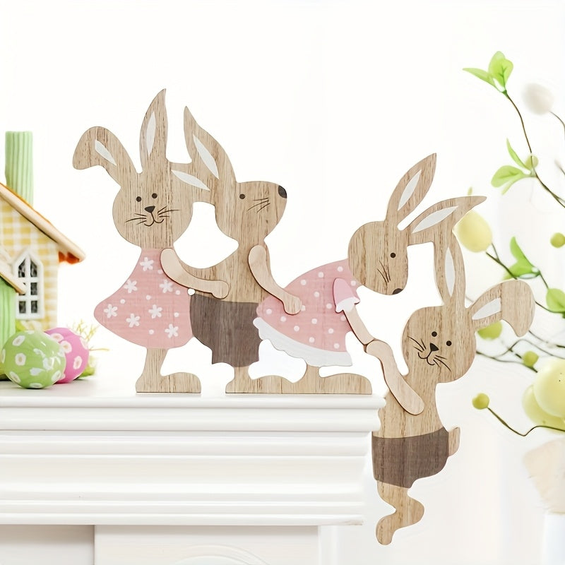 Rustic Wooden Easter Bunny Family Ornament 3D Decoration