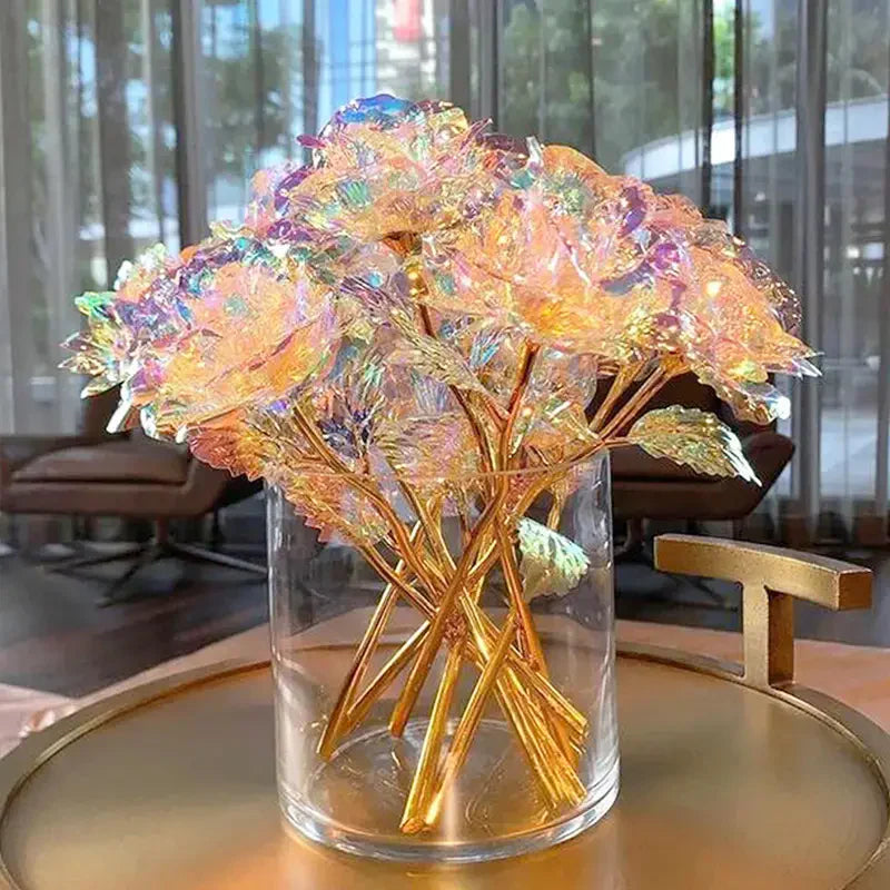 Rose Golden Crystal Artificial Rose Flowers - Pack of 10