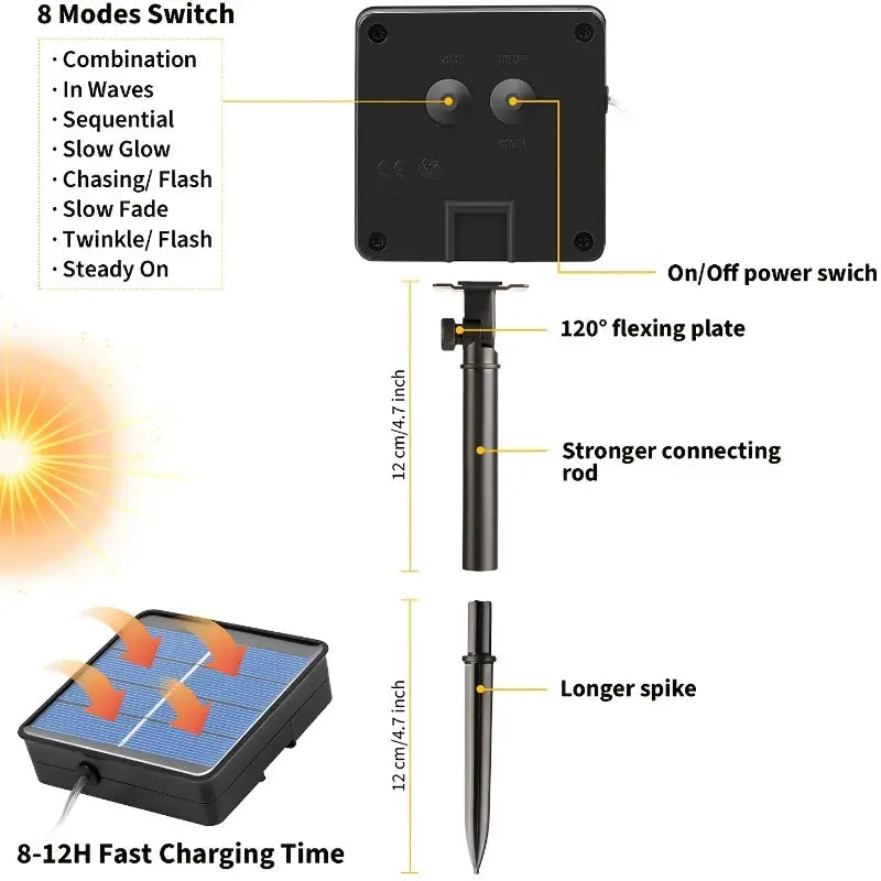 8 Modes Solar Fairy Light String - Outdoor Waterproof Copper Wire Lights