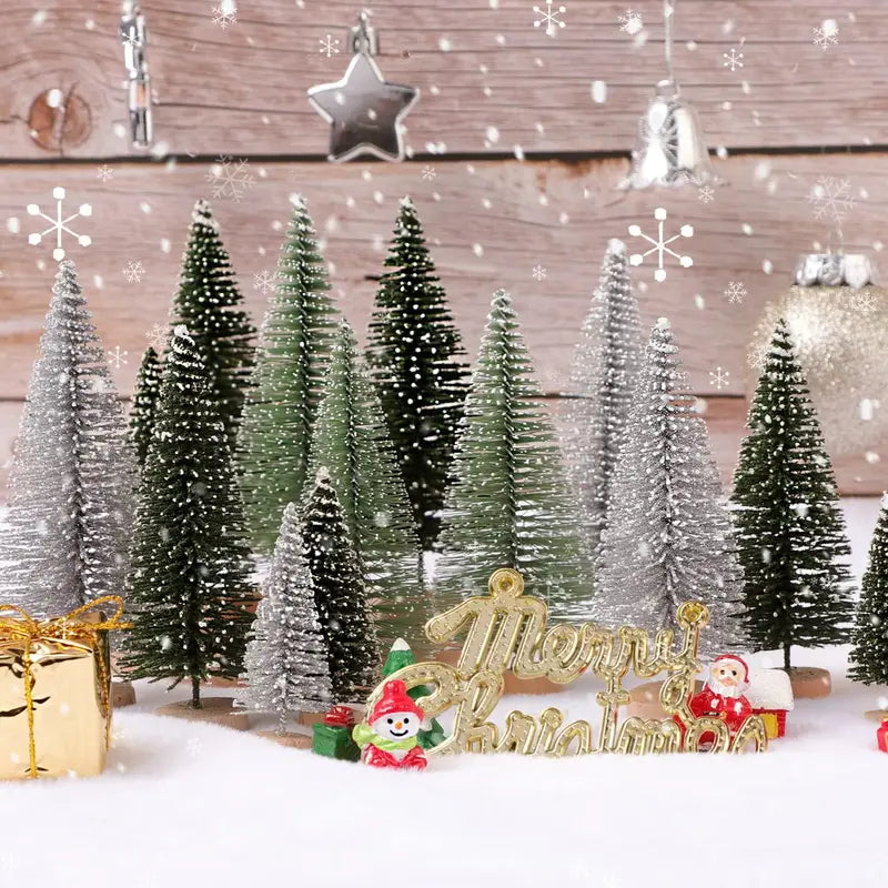 15-Piece Christmas Trees Set - Assorted Artificial Bottle Brush Trees with Wooden Bases