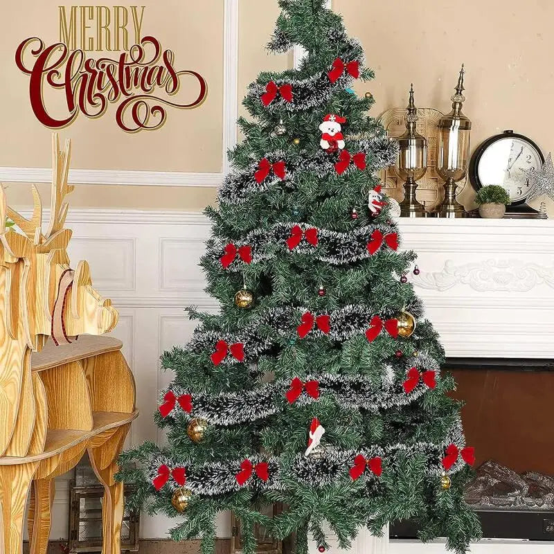 6-Piece Christmas Decoration Set - White Edge Ribbon & Bow Tree Pendant