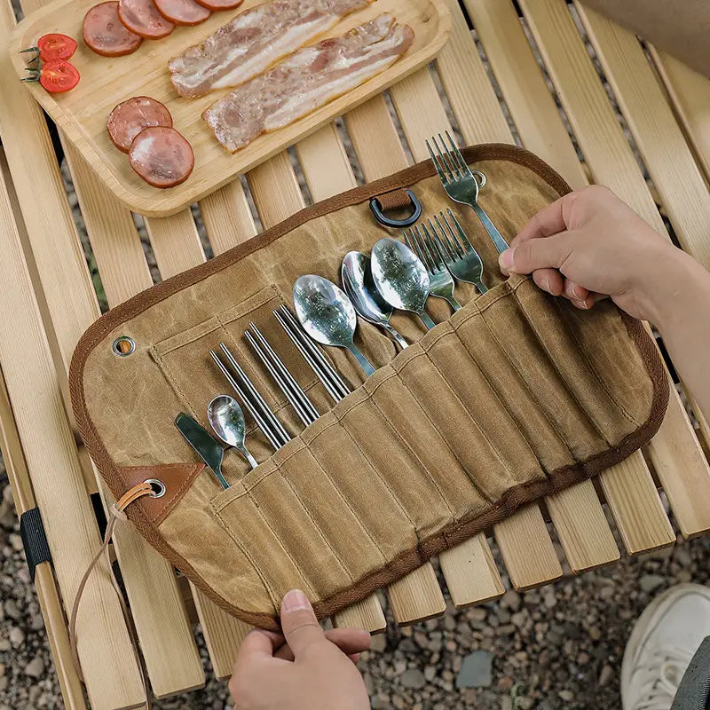 Portable Waxed Canvas Cutlery Bag for Outdoor Dining