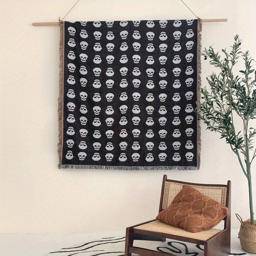 Cozy Bohemian Blanket with White Skull Print & Tassel Trim