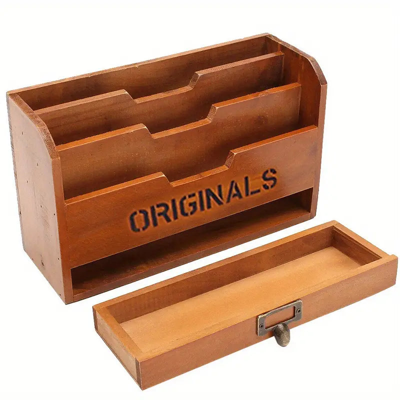 Vintage Wooden Letter Rack - Wall Mounted Office Organizer with Adjustable Grid Storage