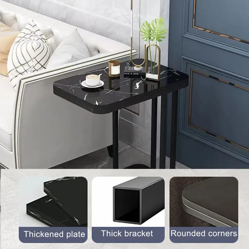 Modern Black Marble Pattern Side Table with Metal Pedestal Base