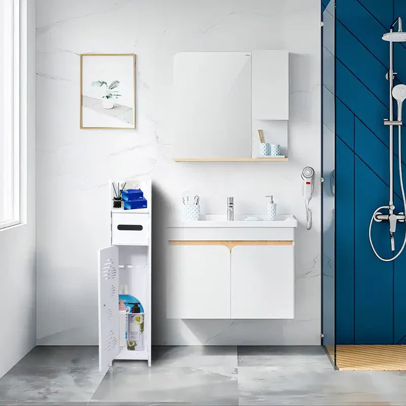 Slim PVC Waterproof Storage Cabinet - Freestanding Organizer in White