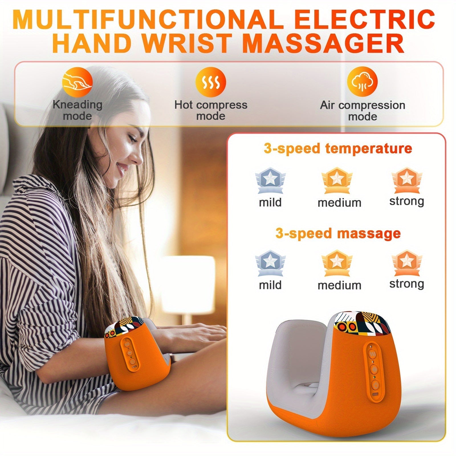 Electric Hand Massager With Acupoint Heated Air Compression(Orange)