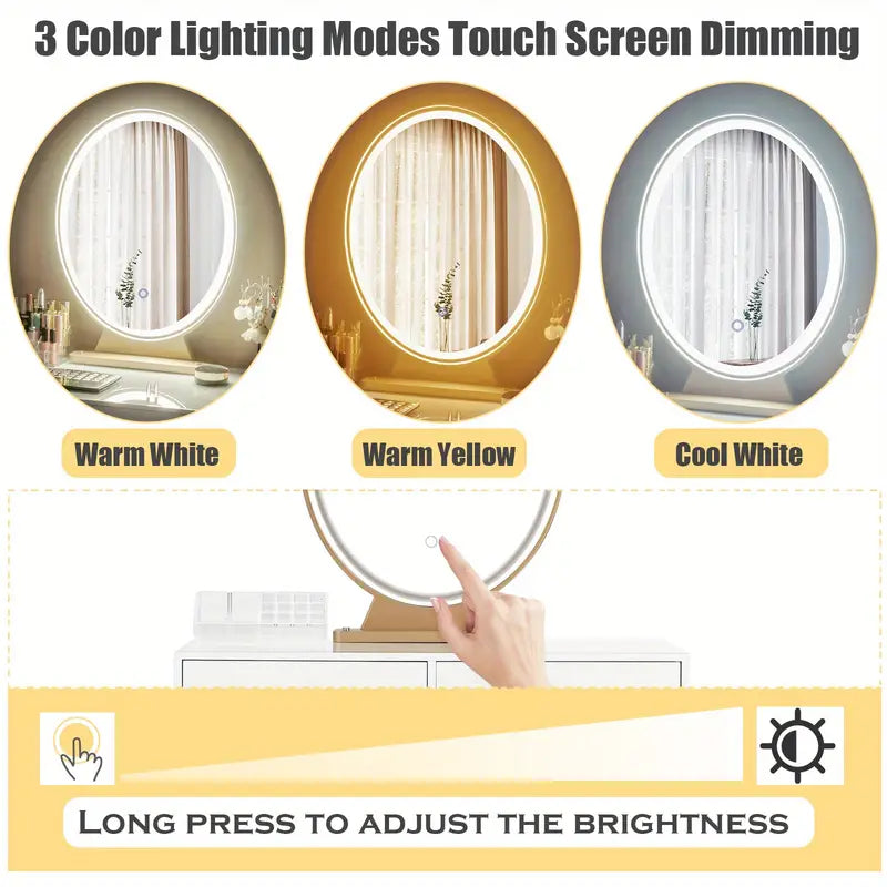 Elegant White Dressing Table Stool Set with LED Oval Mirror