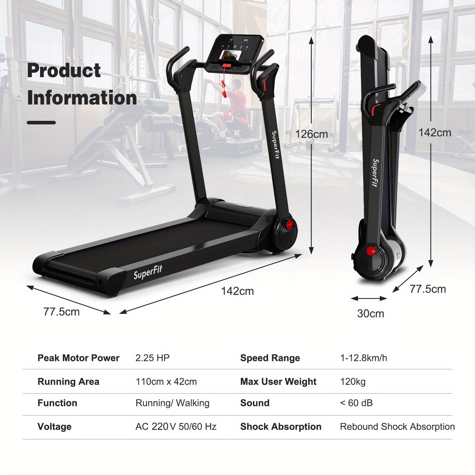 Folding Electric Treadmill 2.25Hp - Black