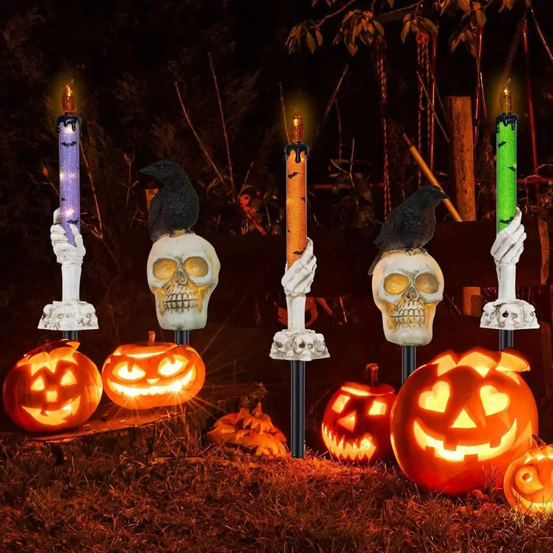 5-Pack Solar Skull & Candle Lights with Black Crow – Waterproof