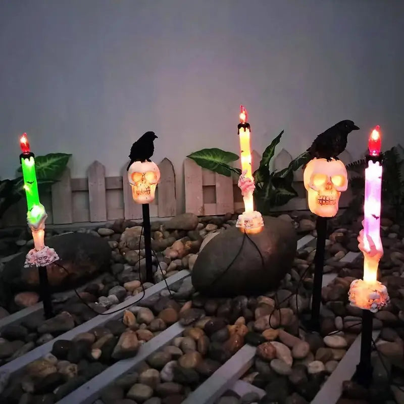 5-Pack Solar Skull & Candle Lights with Black Crow – Waterproof