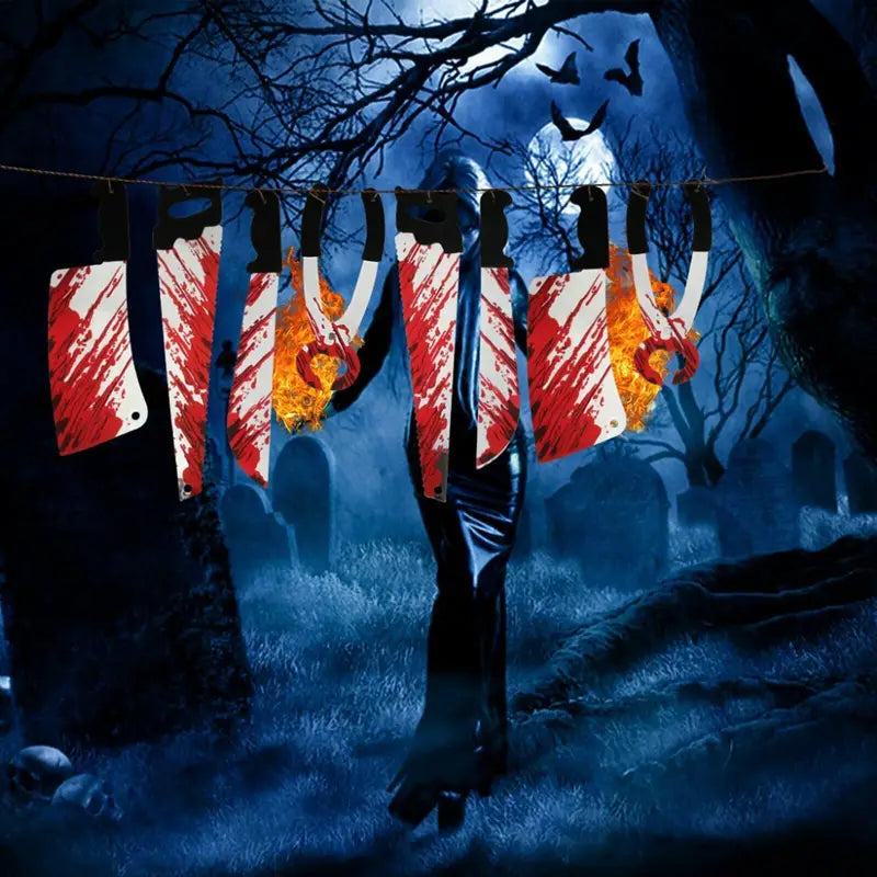 8 Blood Knife Pull Flags W/ Hanging Ornaments - 2 Sets