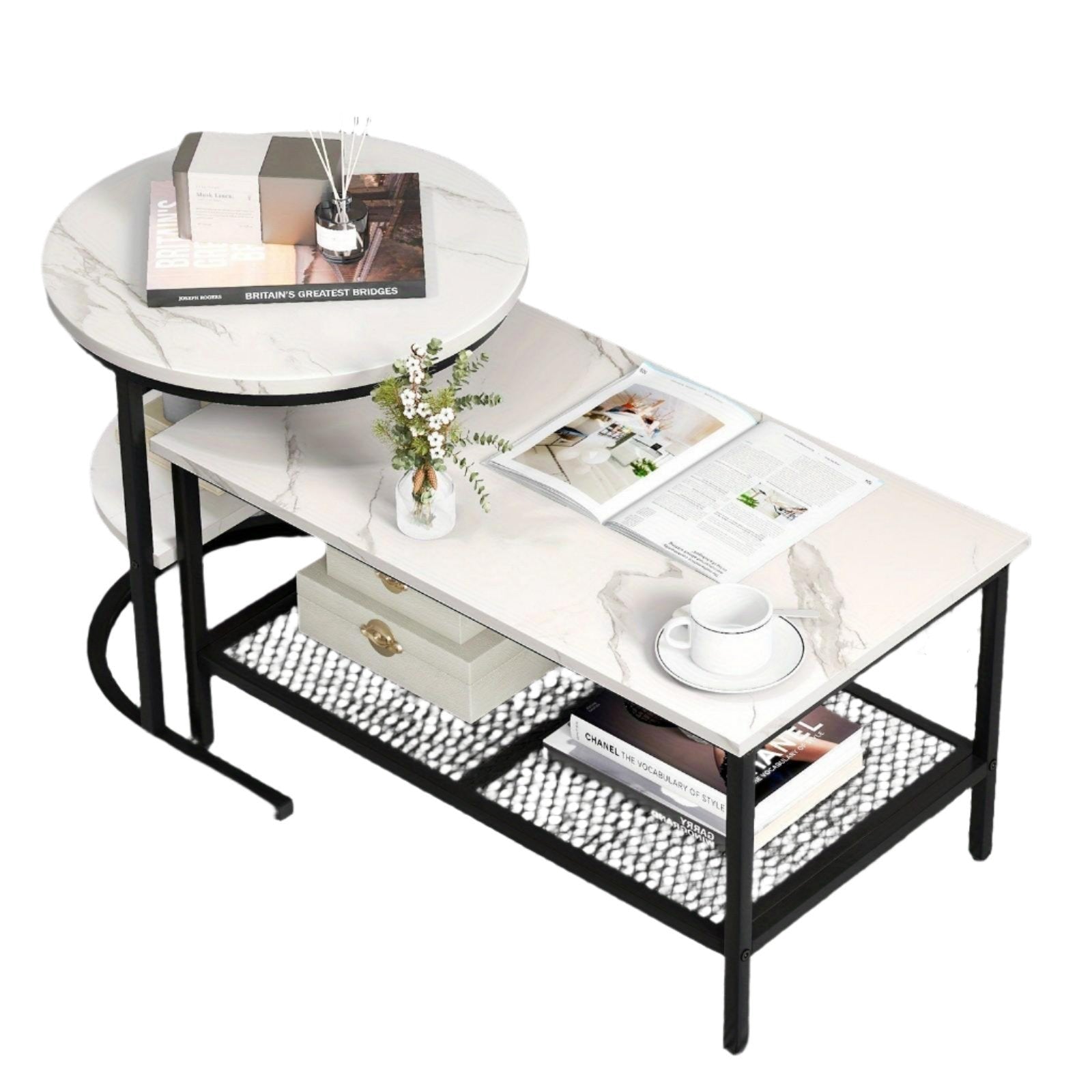 2X Nesting Coffee Table Set - White Faux Marble Top