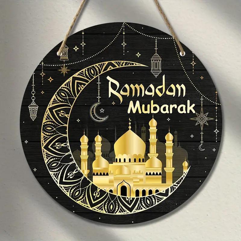 Wooden Ramadan Mubarak Sign Round Wreath Decor