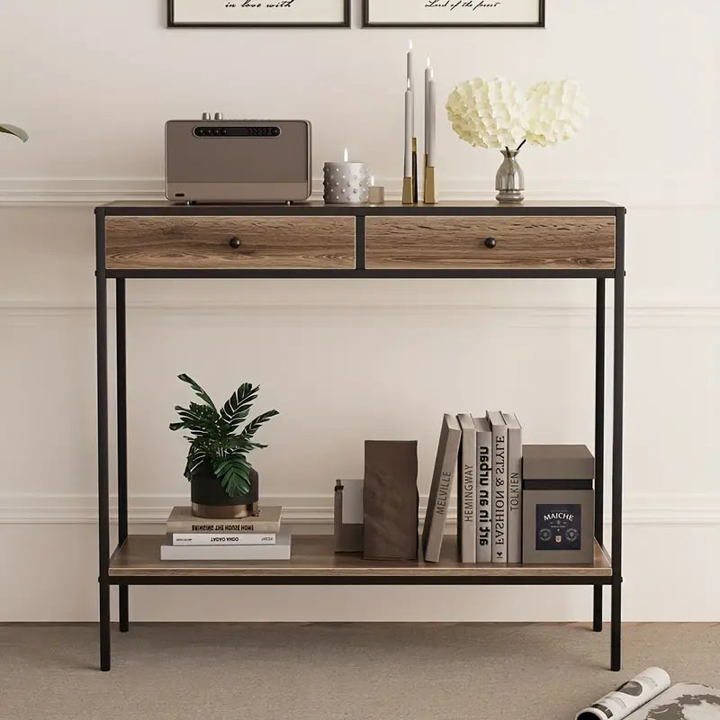Brown Rectangular Living Room Entryway Table with Shelf and Two Drawers