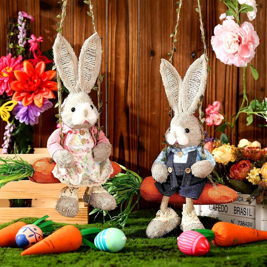 2pcs Easter Hanging Rabbit Statue with Carrot Swing