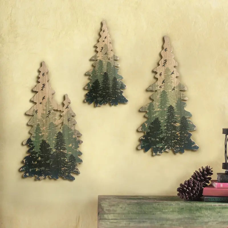 Rustic Charm: Set of Three Wooden Christmas Tree Wall Ornaments