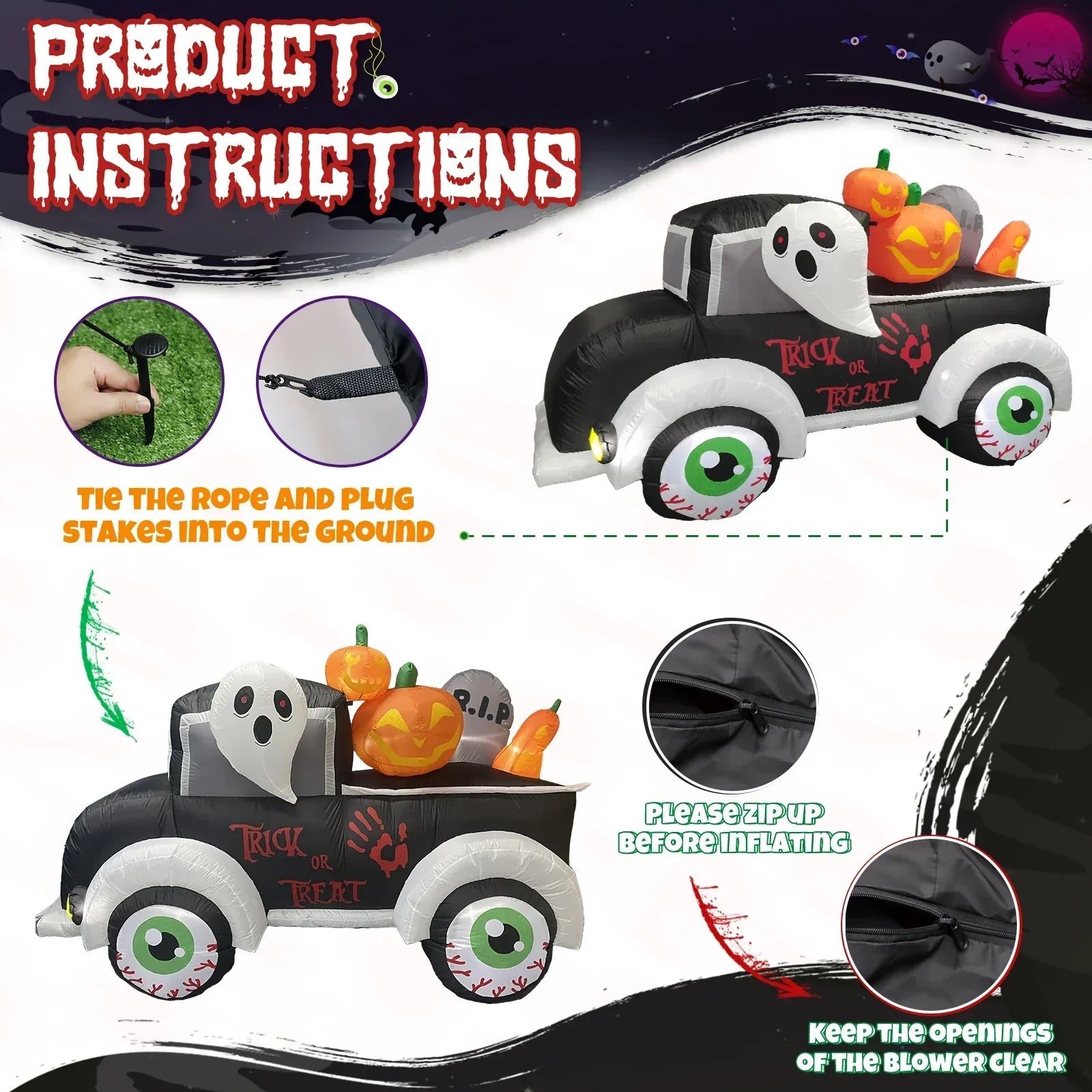 Halloween Inflatable Frankenstein Car With Pumpkin & Ghost