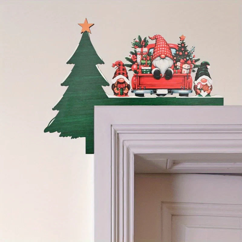 Christmas Wooden Corner Door Frame Ornament With Dwarf Santa Claus