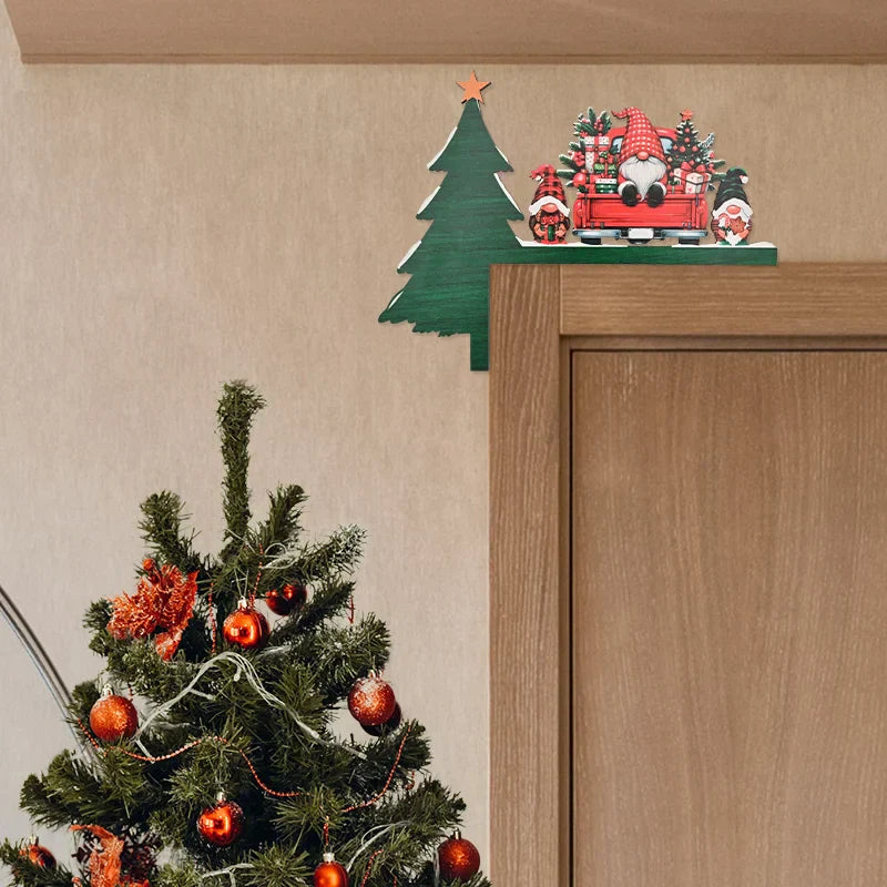 Christmas Wooden Corner Door Frame Ornament With Dwarf Santa Claus