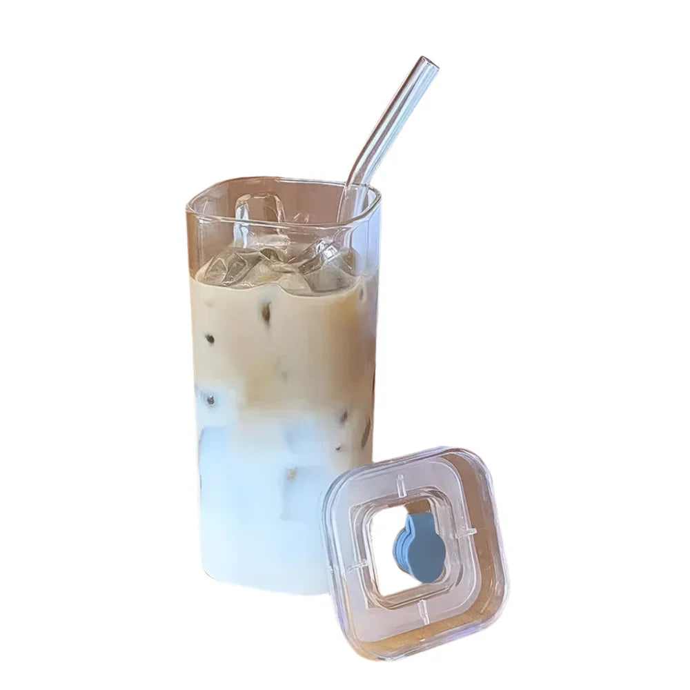 Glass Coffee Mug With Lid & Straw