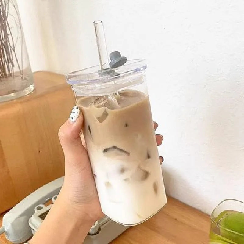 Glass Coffee Mug With Lid & Straw