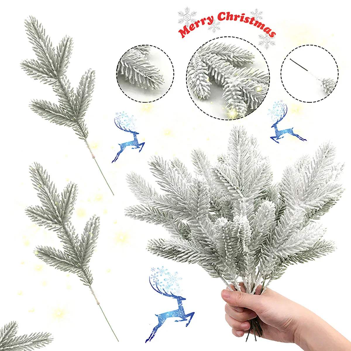 Artificial Snowy Pine Needles Branches Christmas Picks (20Pcs)
