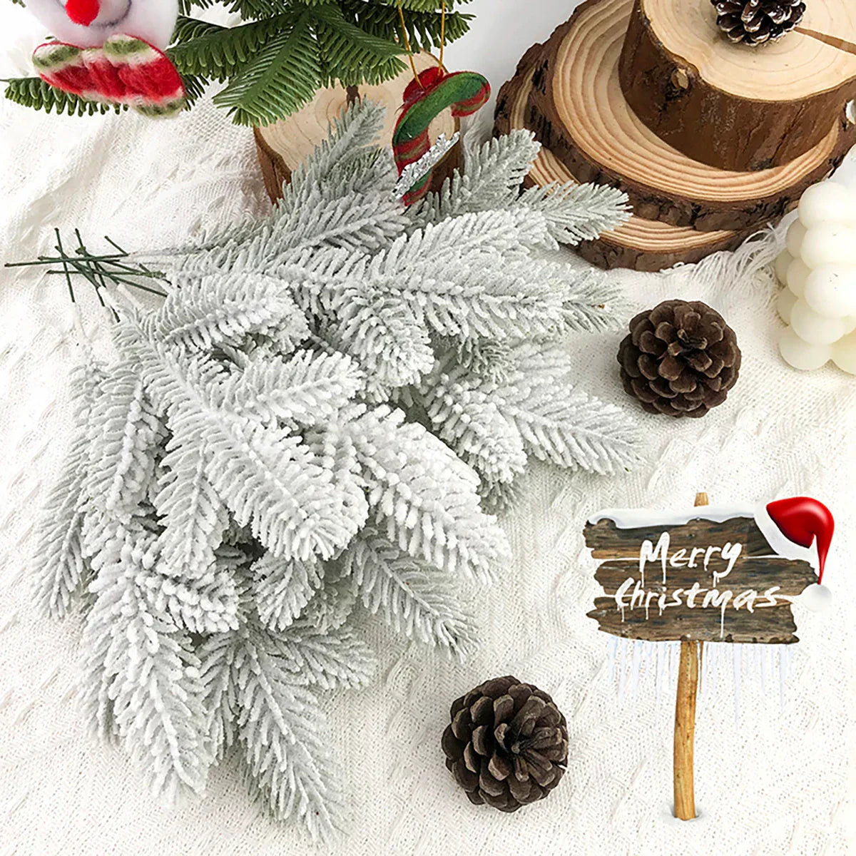 Artificial Snowy Pine Needles Branches Christmas Picks (20Pcs)