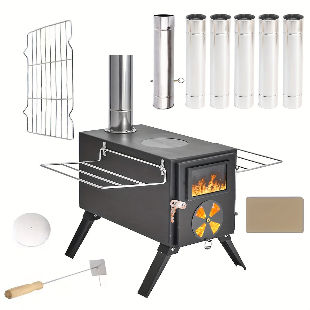 Portable Foldable Wood Stove with 7 Chimneys