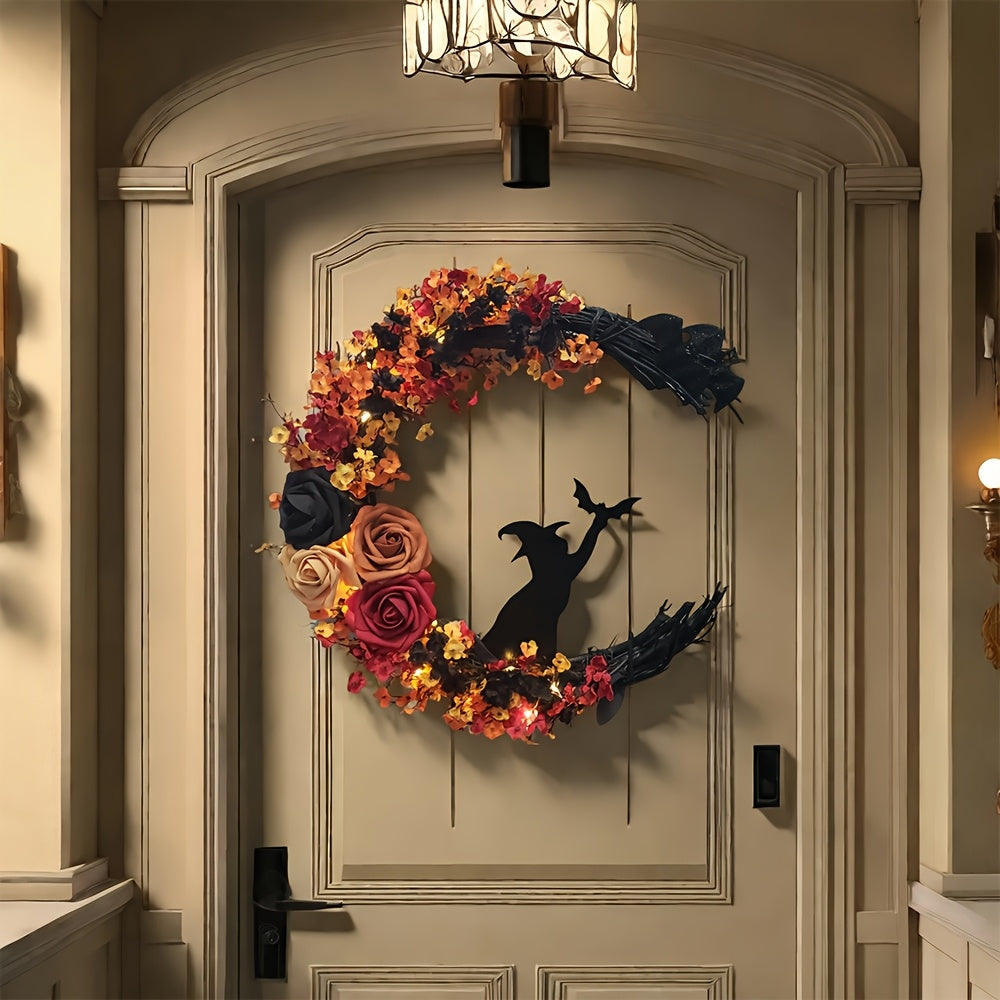 Gothic Halloween Wreath Witch Cat Moon Decor