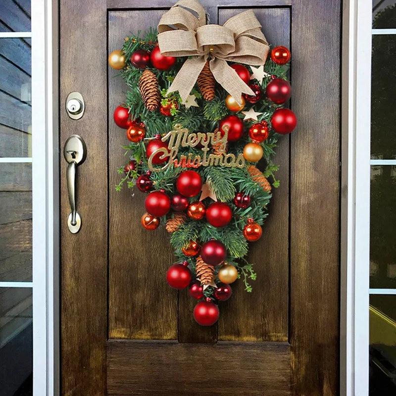 Christmas Teardrop Wreath Set With Red Bows And Bells