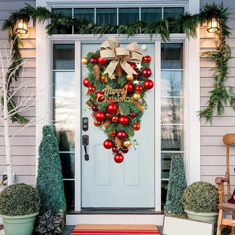Christmas Teardrop Wreath Set With Red Bows And Bells