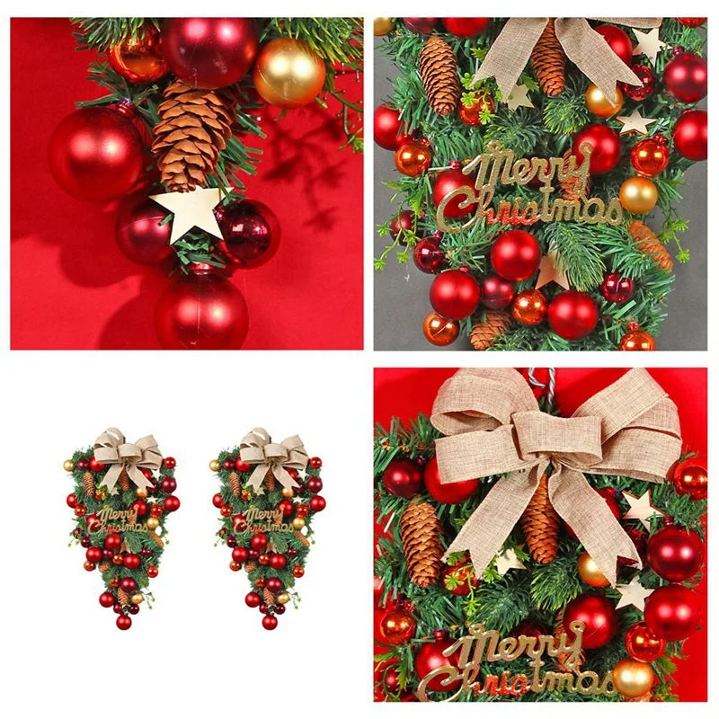 Christmas Teardrop Wreath Set With Red Bows And Bells