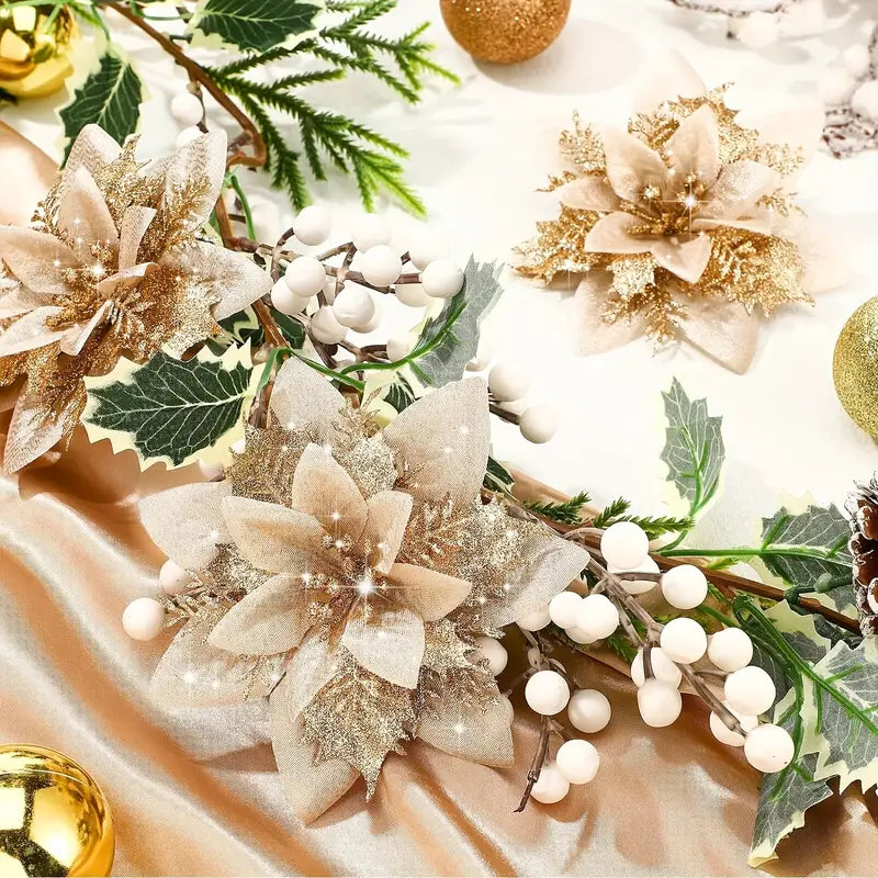 12pcs Glitter Christmas Tree Poinsettias - Festive Decorations with Clips and Stems