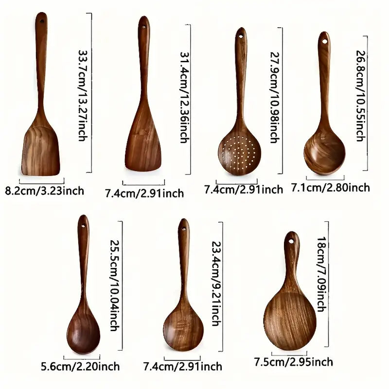 7-Piece Natural Teak Wooden Spoons for Cooking Set