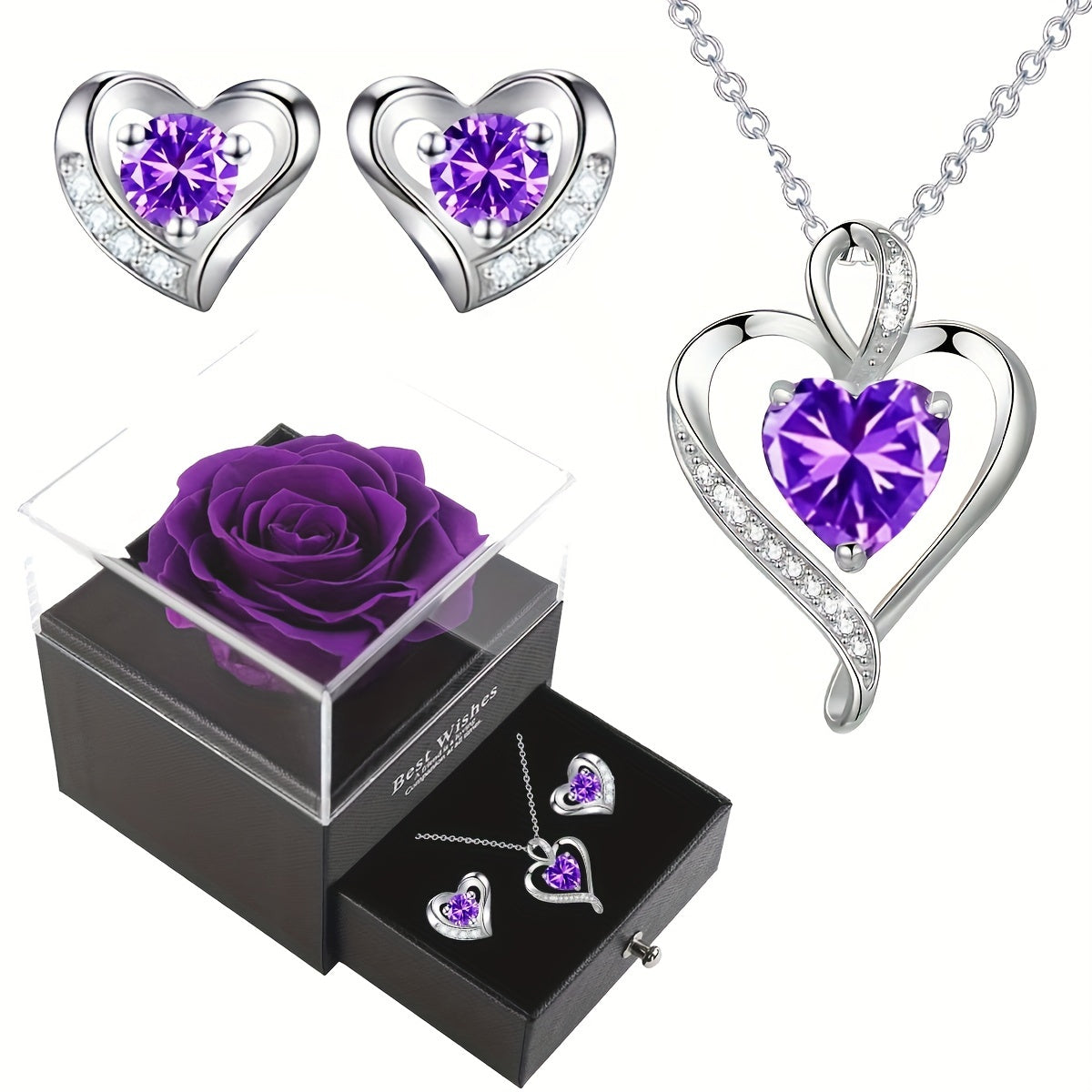 Elegant Heart-Shaped Jewelry Set With Purple Gemstones