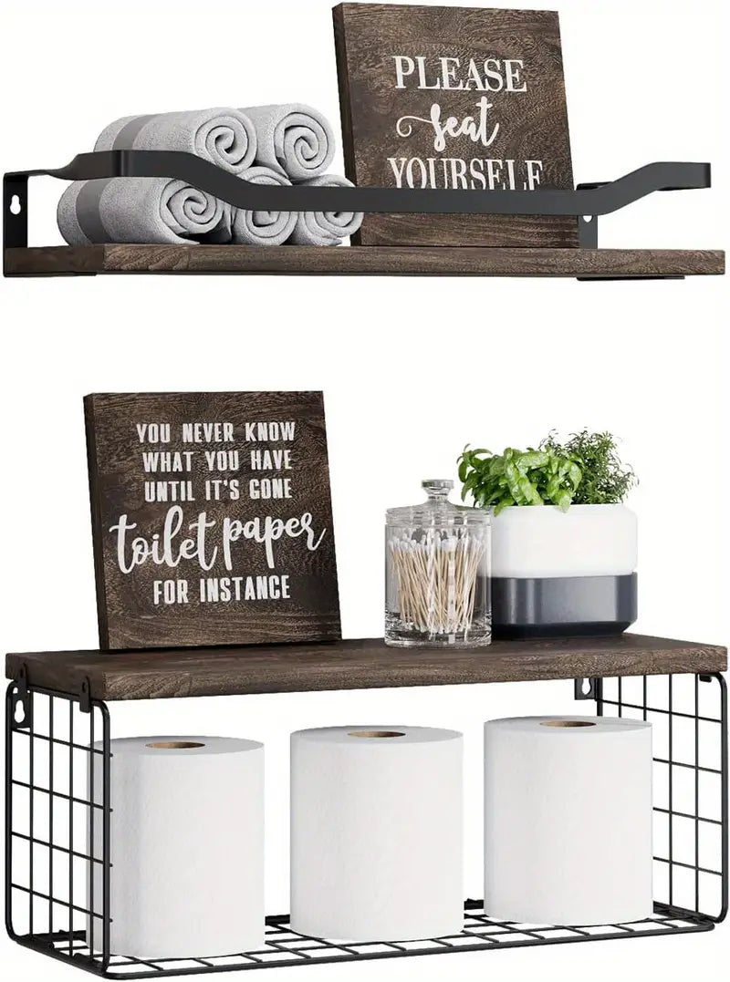 Rustic Charm: Wood Bathroom Shelves with Storage and Towel Bar
