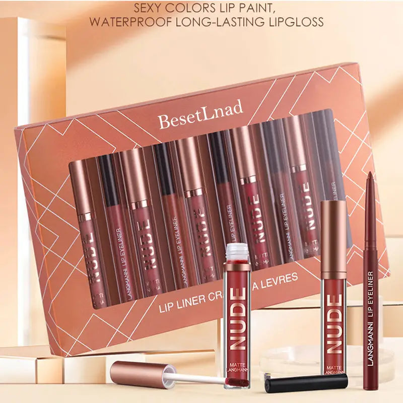 12 Matte  Velvet Nude Liquid Lipstick + Lip Liner Set Lip Gloss