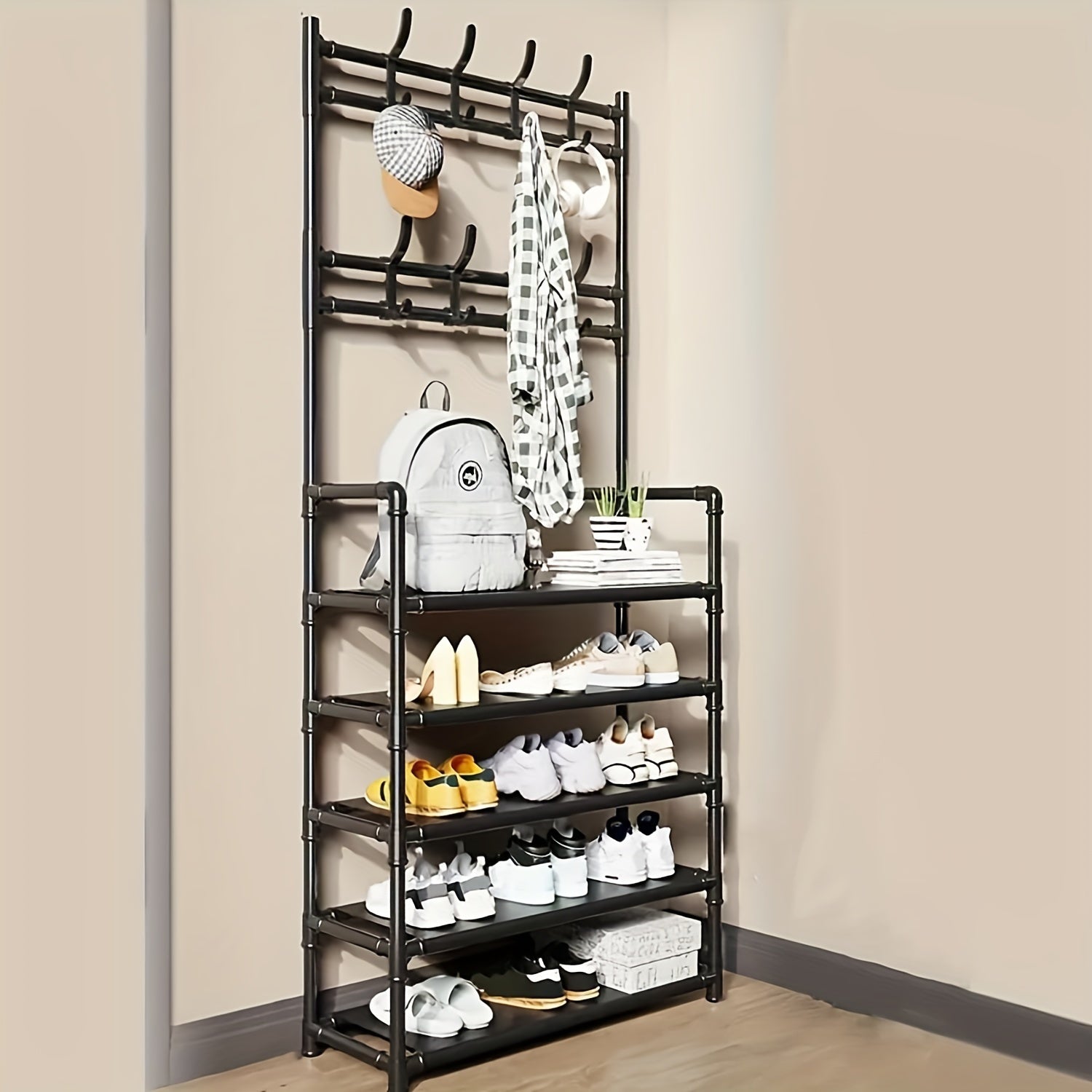 Stainless Steel Coat & Shoe Rack (8-Hook 5-Tier)