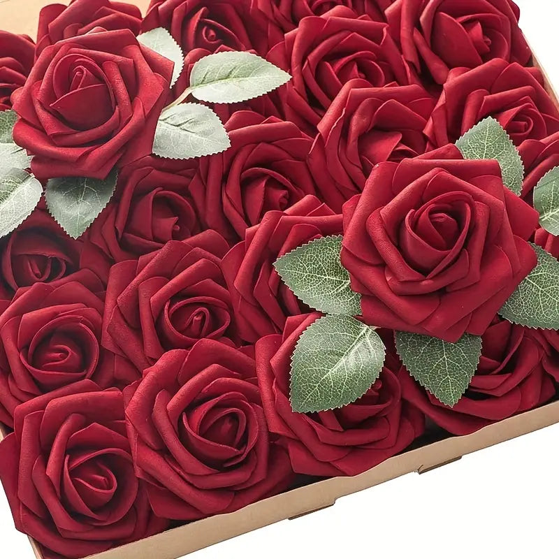 25pcs Realistic Wine Reds Artificial Flowers