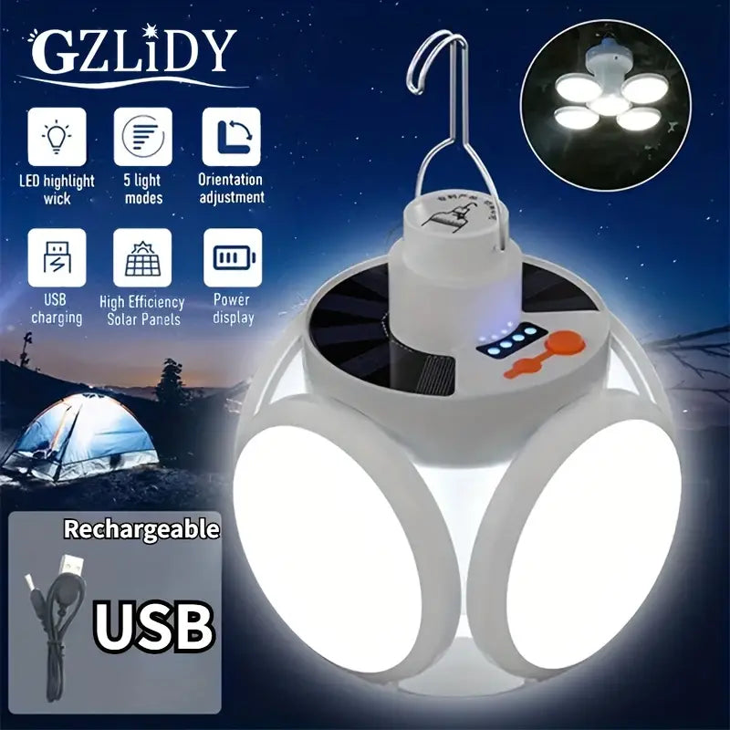 Solar Folding Light with Power Display - Portable USB Rechargeable LED Bulb