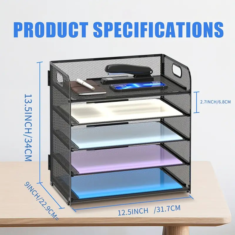 Black Mesh Desktop File Organizer - 5-Layer, Portable and Sleek Design