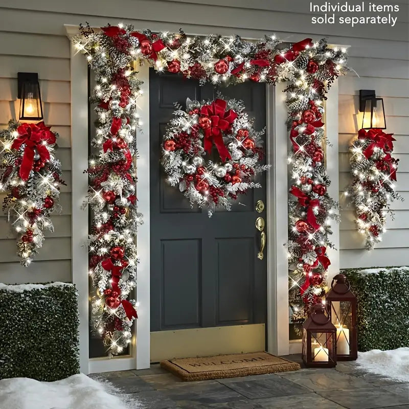 Christmas Flocking Wreath Door Hanging - Rattan Reverse Hanging Tree Decoration